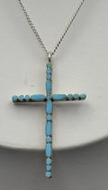 Vintage Sterling Silver Turquoise Inlay Cross Necklace 925 Chain