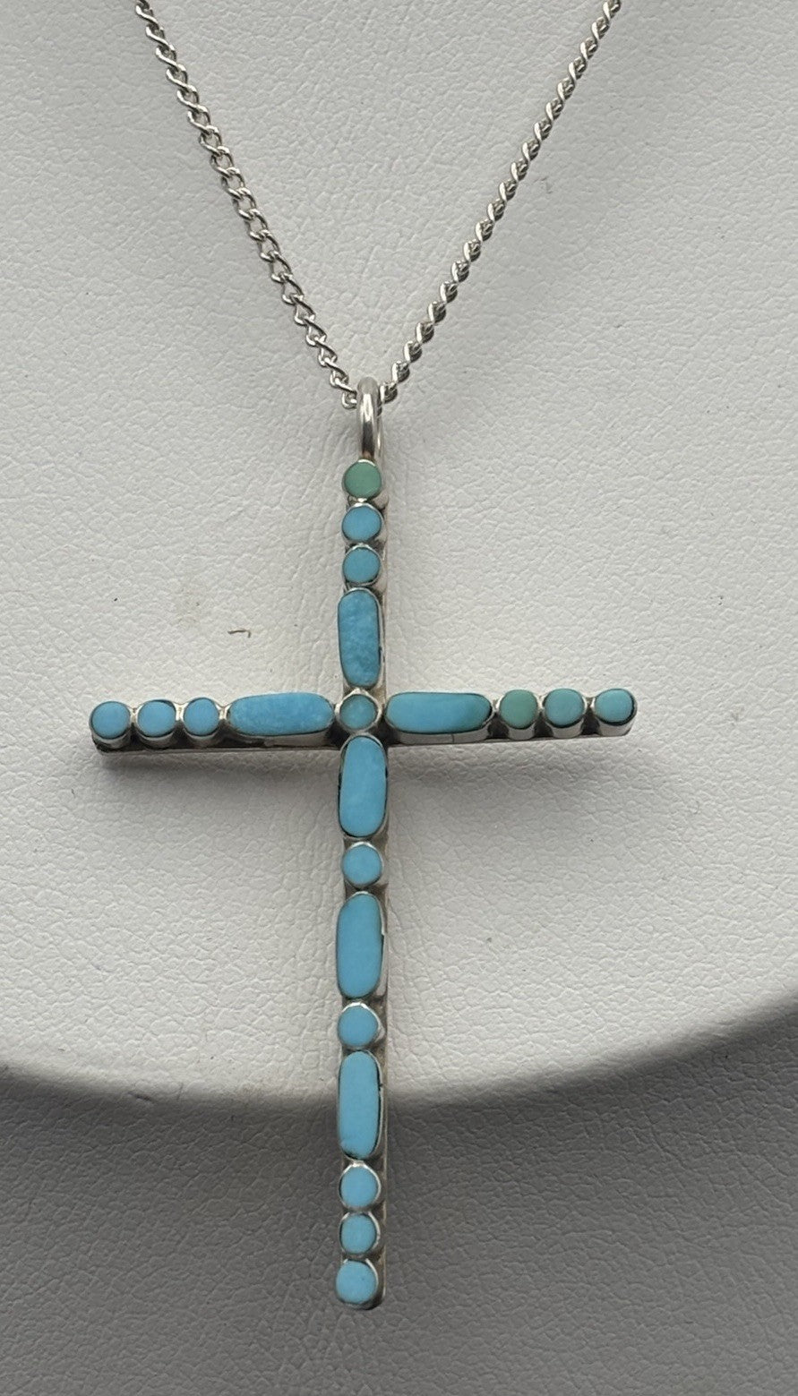 Vintage Sterling Silver Turquoise Inlay Cross Necklace 925 Chain