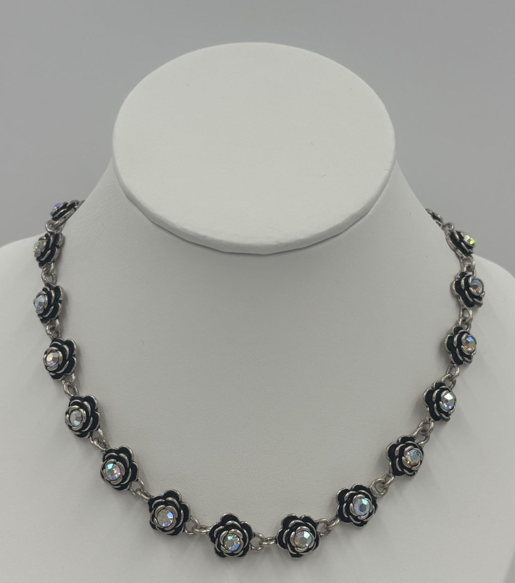 Premier Designs AB Rose Necklace Black Enamel Sparkle, Vintage Glam