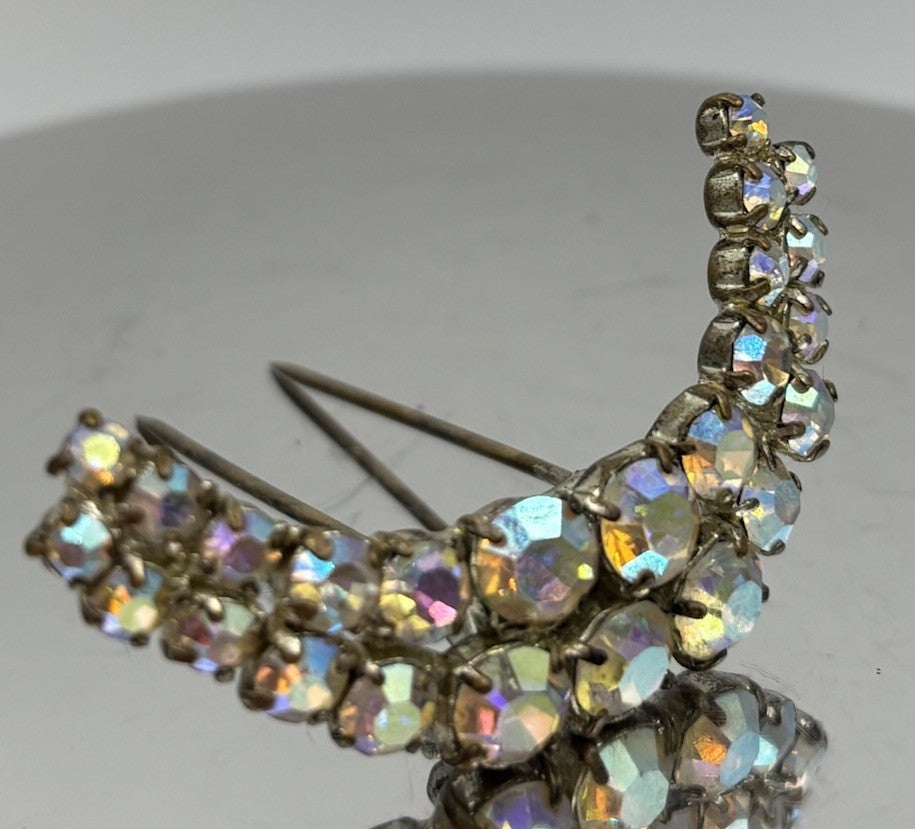 Vintage Aurora Borealis Rhinestone Hair Comb Silver Tone Mid Century