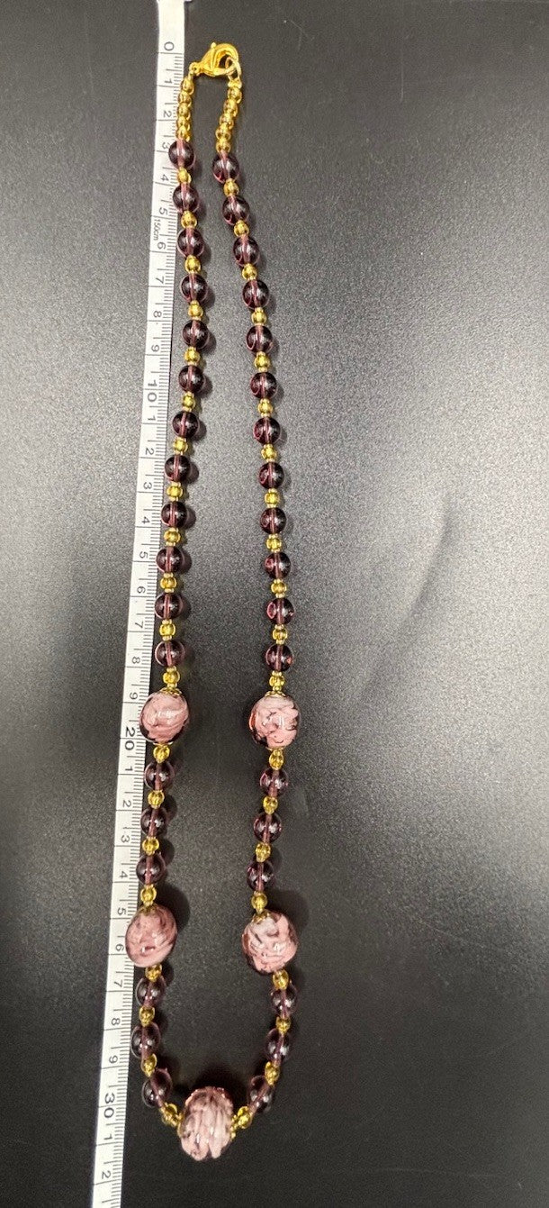 Vtg Venetian Murano Glass Bead Rose Foil Pink Gold Purple Jewellery Set “Italy”