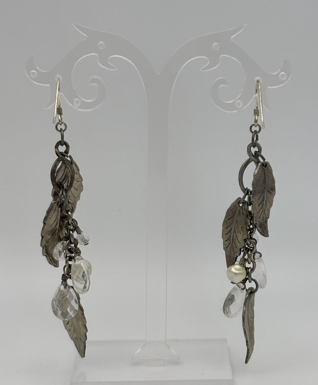 Vintage Sterling Silver Leaf Dangle Earrings with Crystal and Pearl Charms