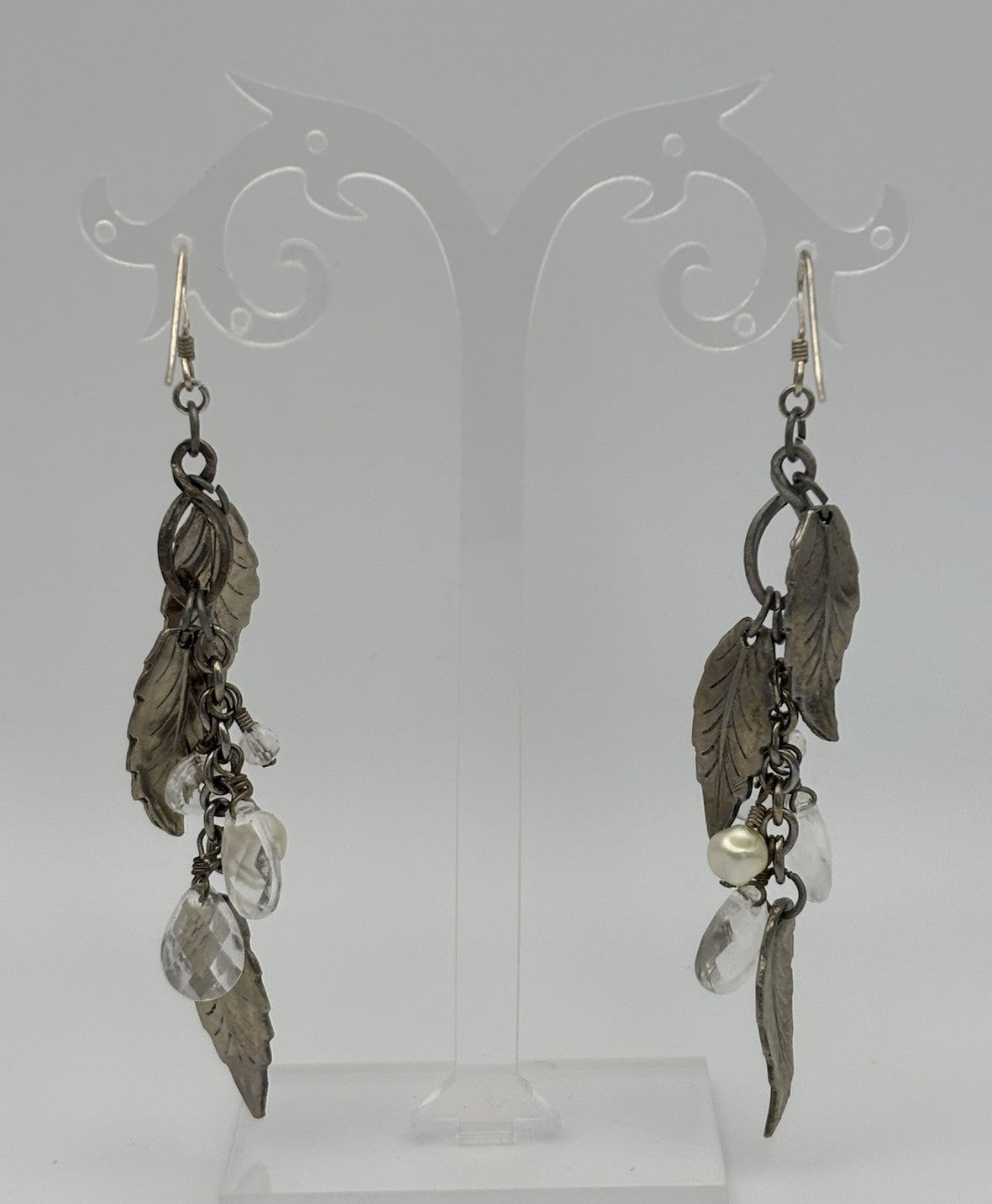 Vintage Sterling Silver Leaf Dangle Earrings with Crystal and Pearl Charms
