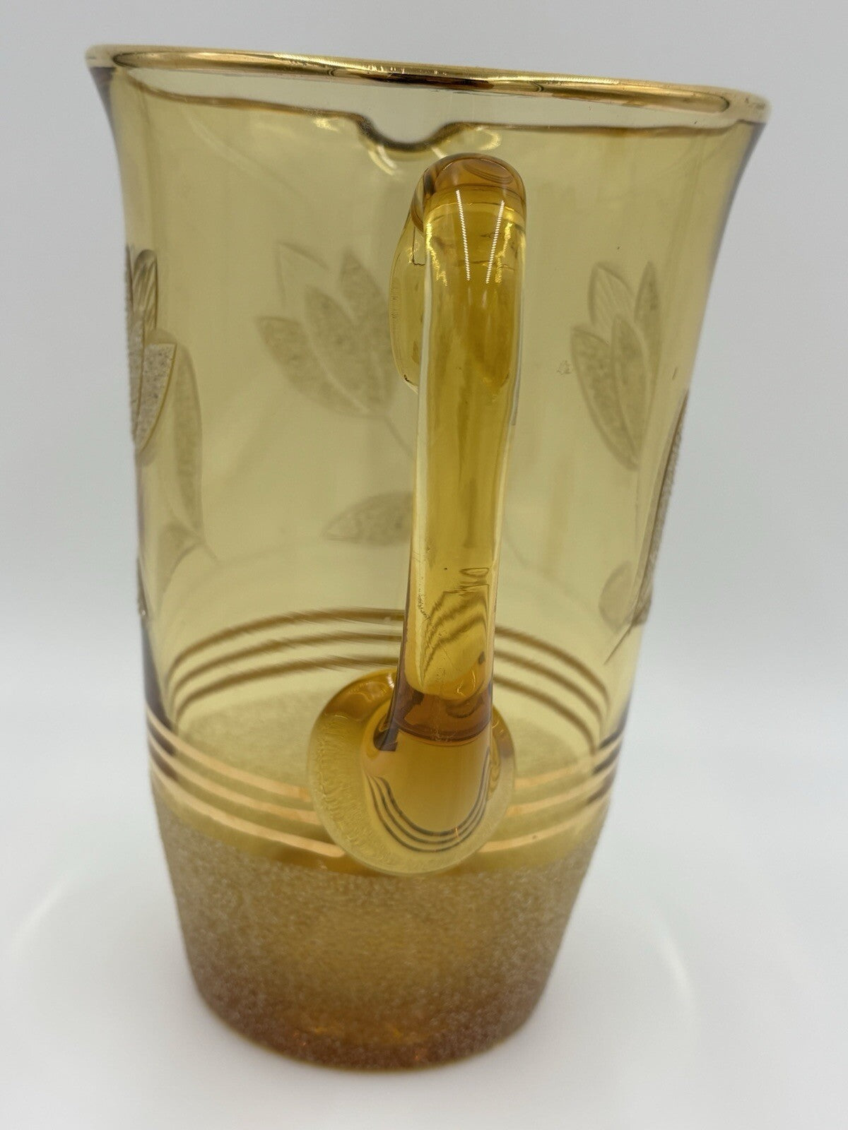 Vintage Amber Glass Pitcher & 4 Tumblers Gold Leaf Etched MCM Barware Set