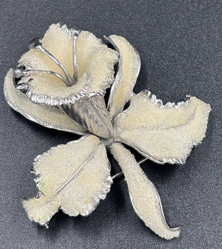 Vtg Arcasas Elizabeth Reimer Coralene  Frosted glass 3D Orchid Brooch Silver T