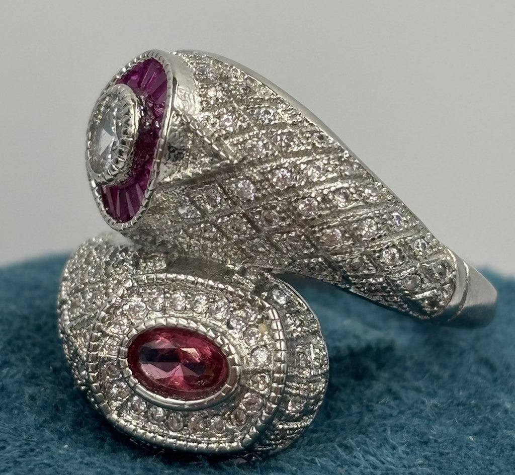 Vintage Style Stamped S925 Silver Ruby CZ Pavé Cocktail Ring US 9¼