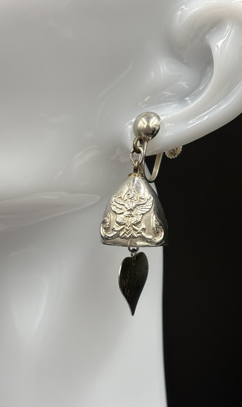 Vintage Thai Siam Sterling Silver Ganesha Dangle Screw Back Earrings