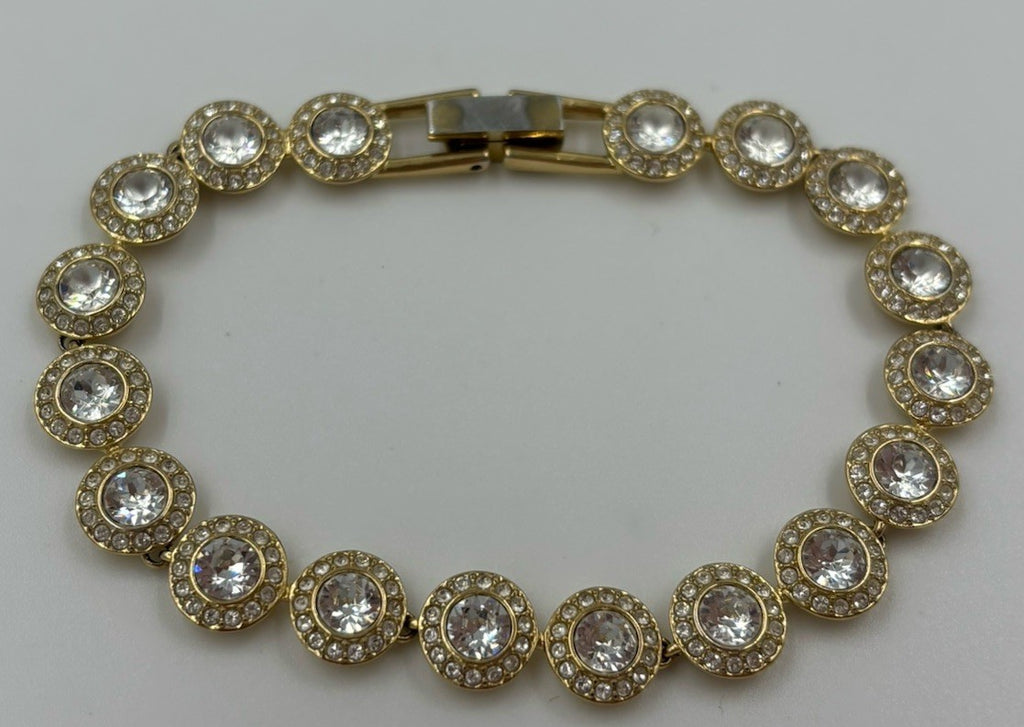 Swarovski Gold Tone Crystal Tennis Bracelet Pavé Halo Signed Vintage 17cm