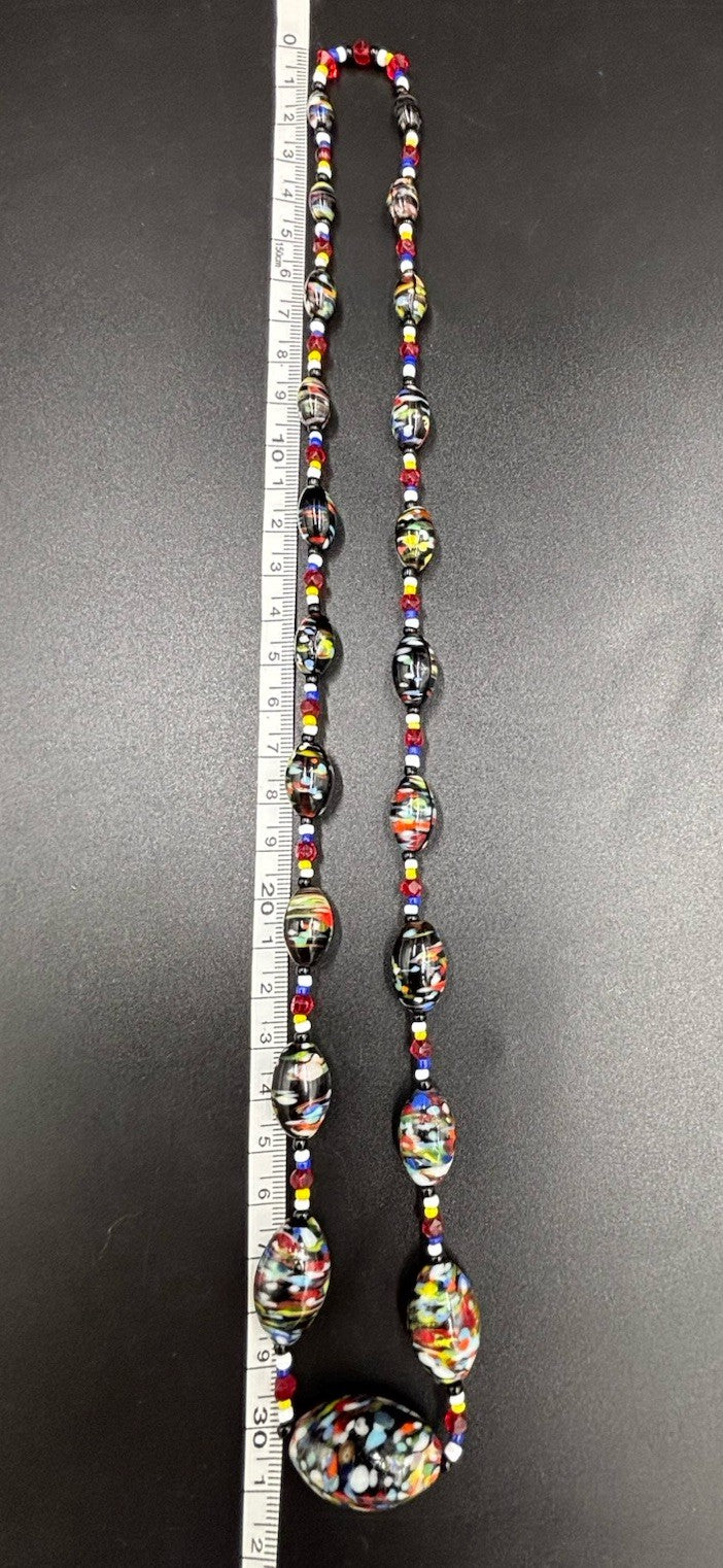 Vintage Murano Millefiori Glass Bead Necklace Black Base, Multicolour Confetti