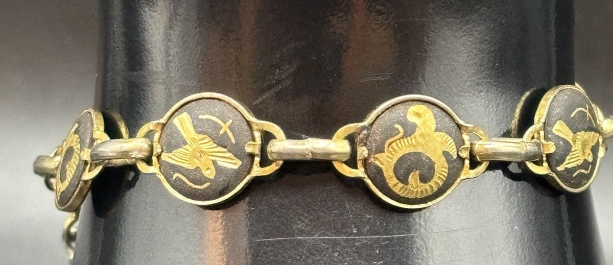Vintage Toledo Damascene Inlay Zodiac Motif Link Bracelet Spain 16cm