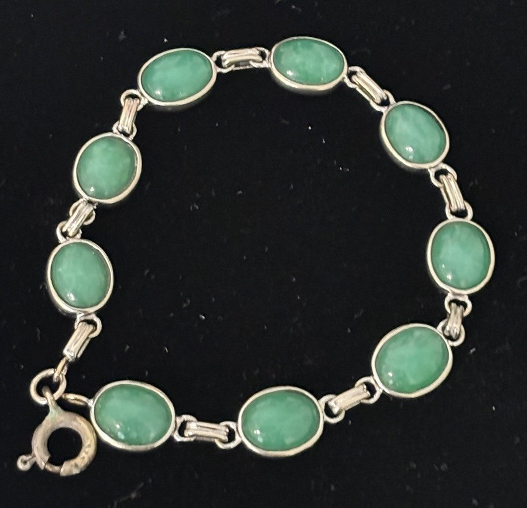 Vintage 10K White Gold Jade Cabochon Link Bracelet Natural Green