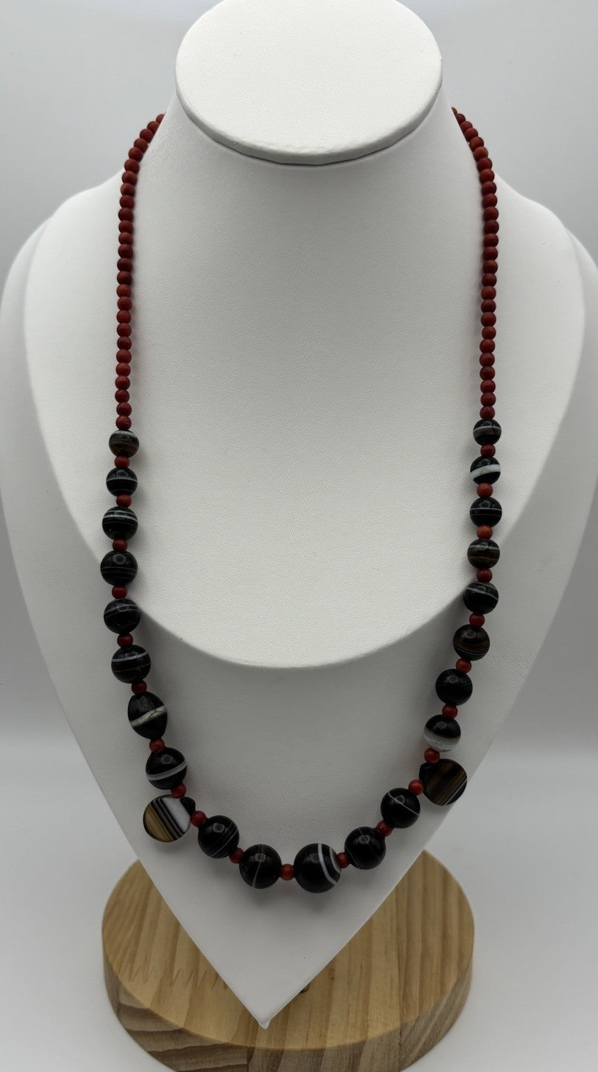 Vintage Banded Agate Necklace Red Coral Beads Ethnic Tribal Jewelry