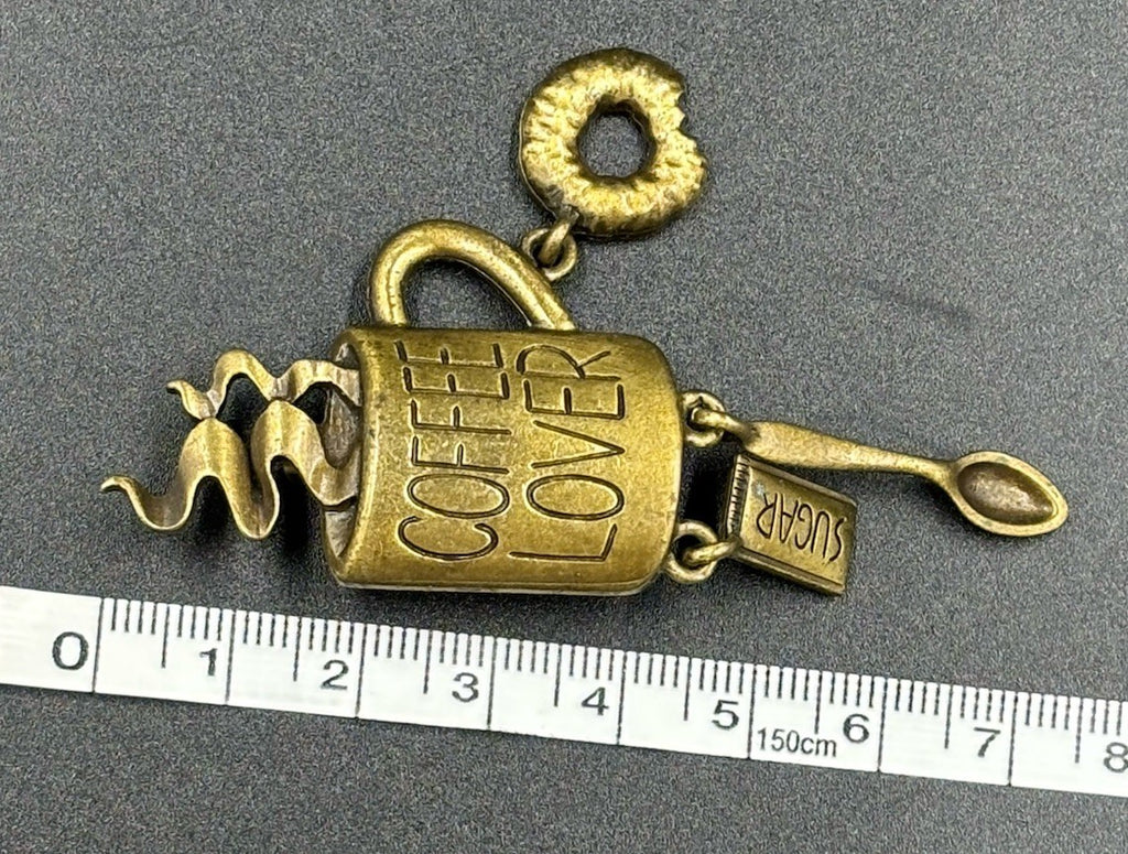 Vtg JJ Jonette Jewelry Brooch Coffe Lover Donut Sugar Spoon Bronze Tone Pin