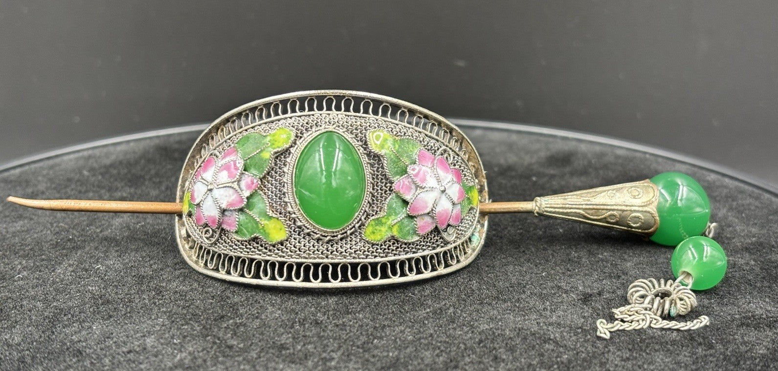 Vintage Chinese Filigree Enamel Hairpin Green Peking Glass Cabochon Beads