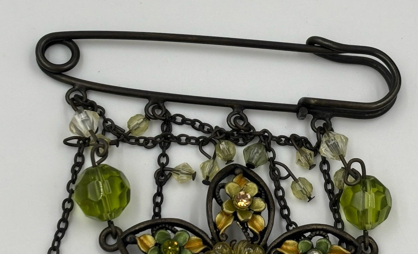 Vintage Style Art Nouveau Floral Dangle Brooch Enamel Glass Beads Statement Pin