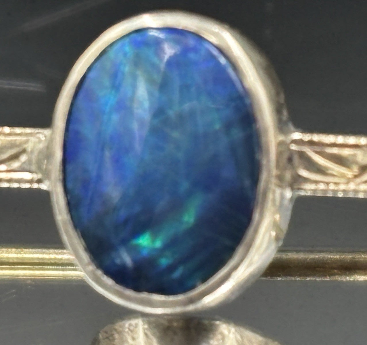 Vintage Sterling Silver Opal Bar Brooch Blue Green Fire Cabochon Mid Century Pin