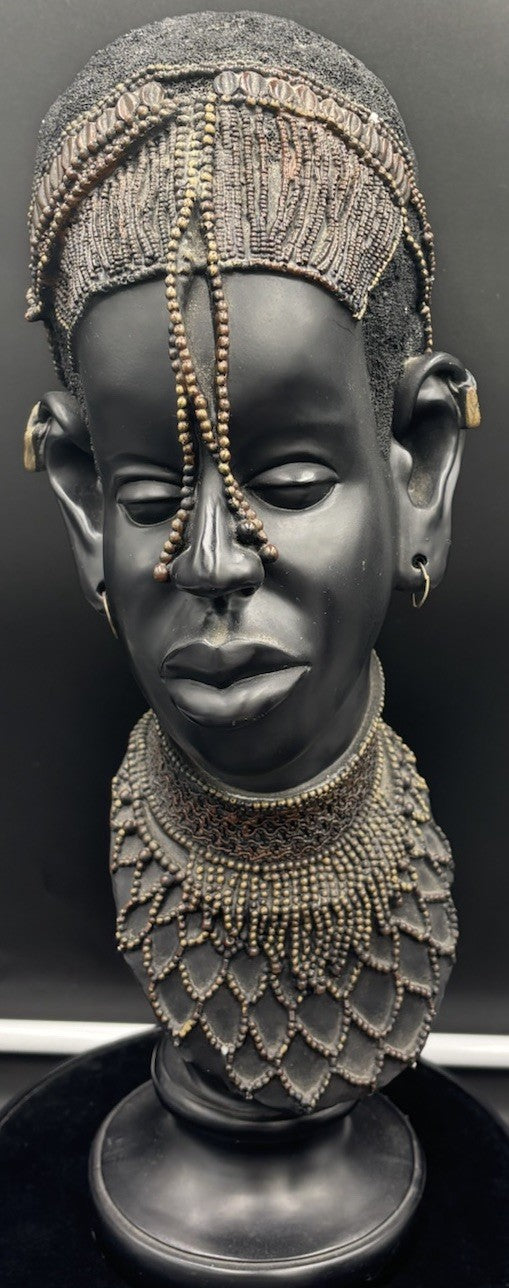 Vintage African Tribal Woman Bust – Beaded Headpiece & Necklace, Resin Sculpture