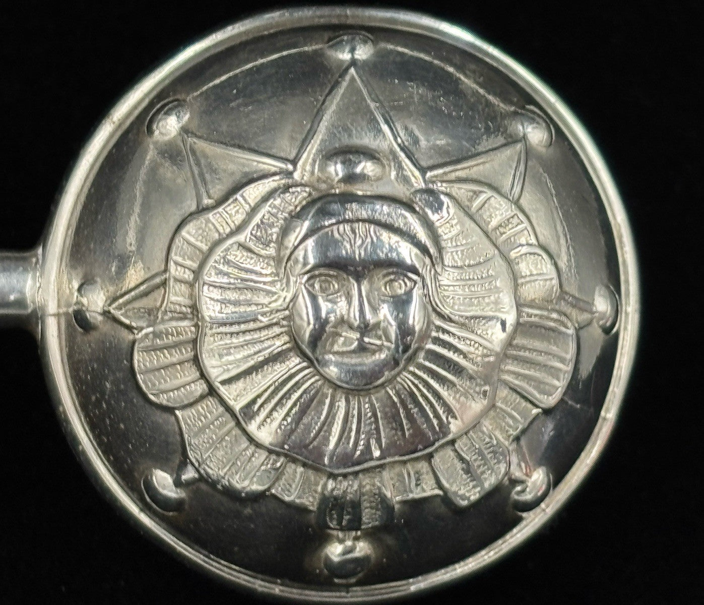 Antique Silver Baby Rattle Celestial Sun Face Repoussé