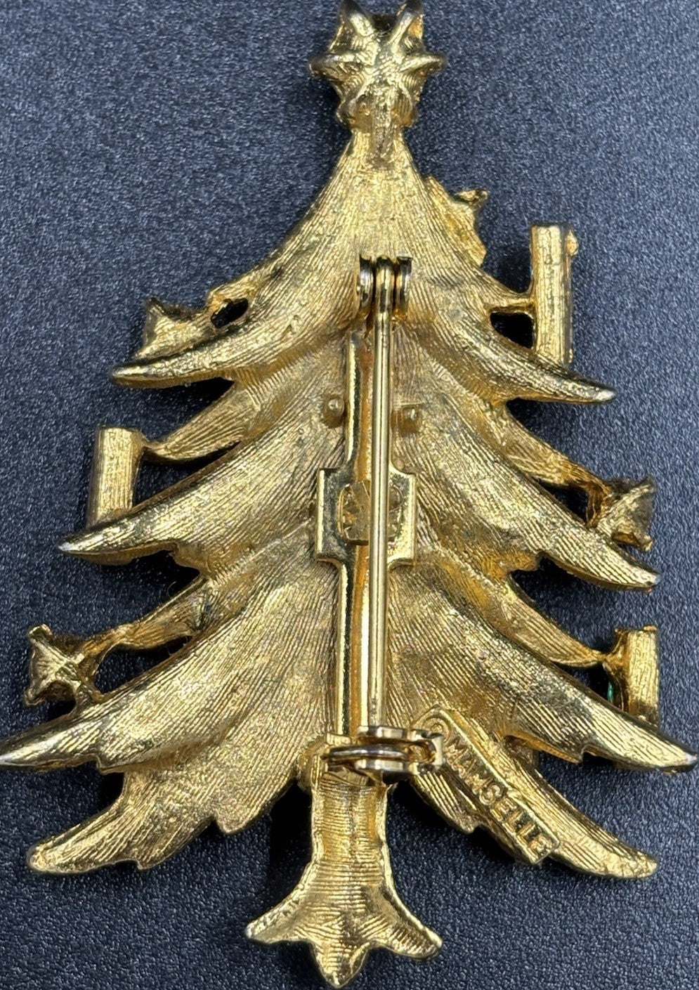 Vtg Gold Tone Christmas Tree Holiday Brooch  Pin Rhinestones Signed Mamselle