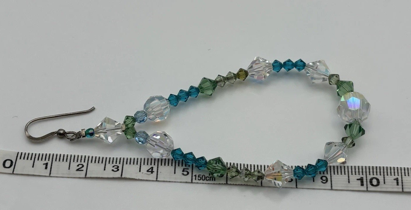 Vintage Sterling Silver Blue Green AB Crystal Dangle Earrings Austrian Crystal
