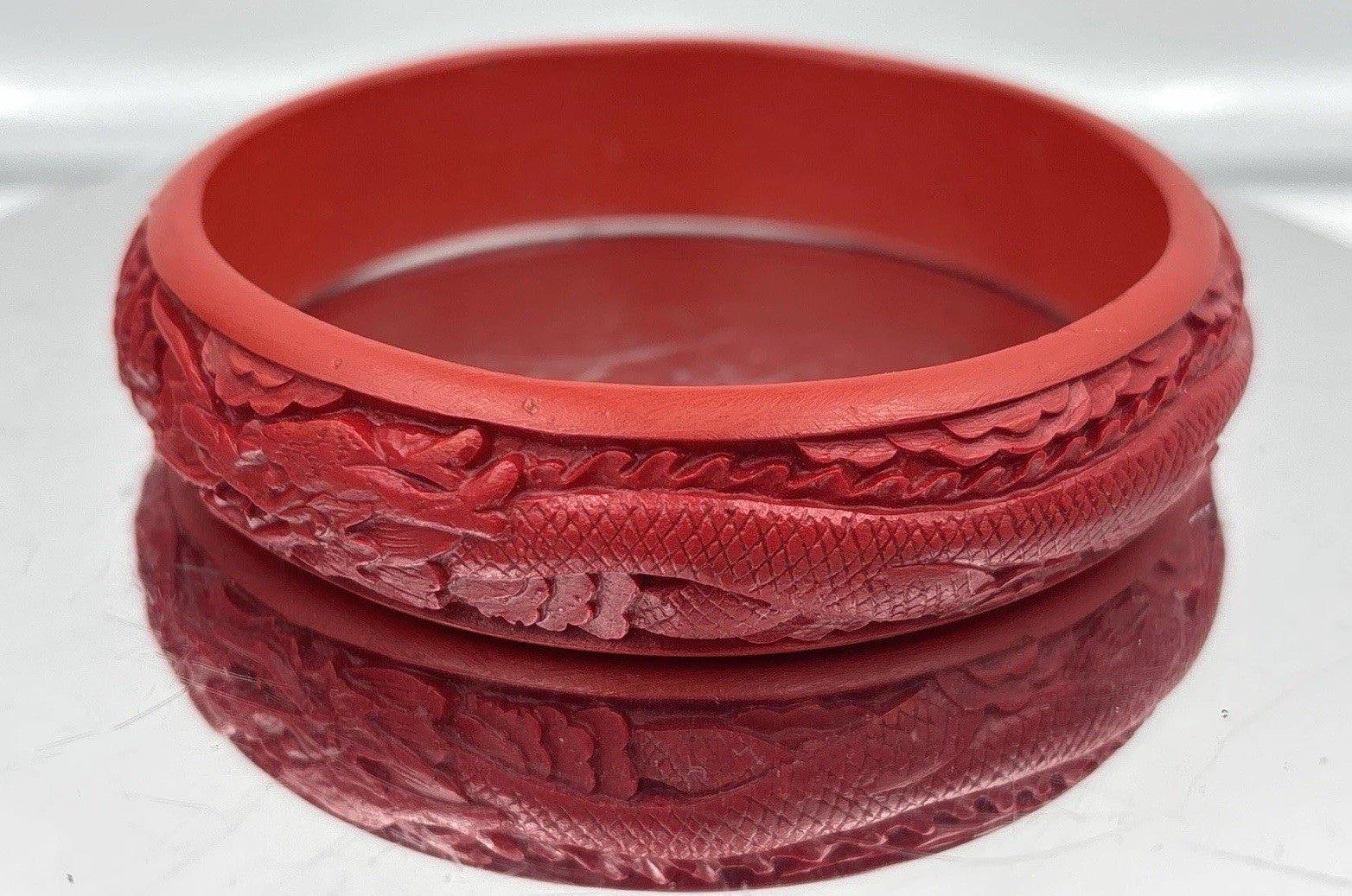 Vintage Red Carved Dragon Bangle Bracelet Cinnabar Style Resin
