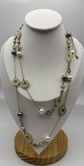 Long Station Necklace 120cm Gold Tone Enamel Disc Pearl Beads Adjustable