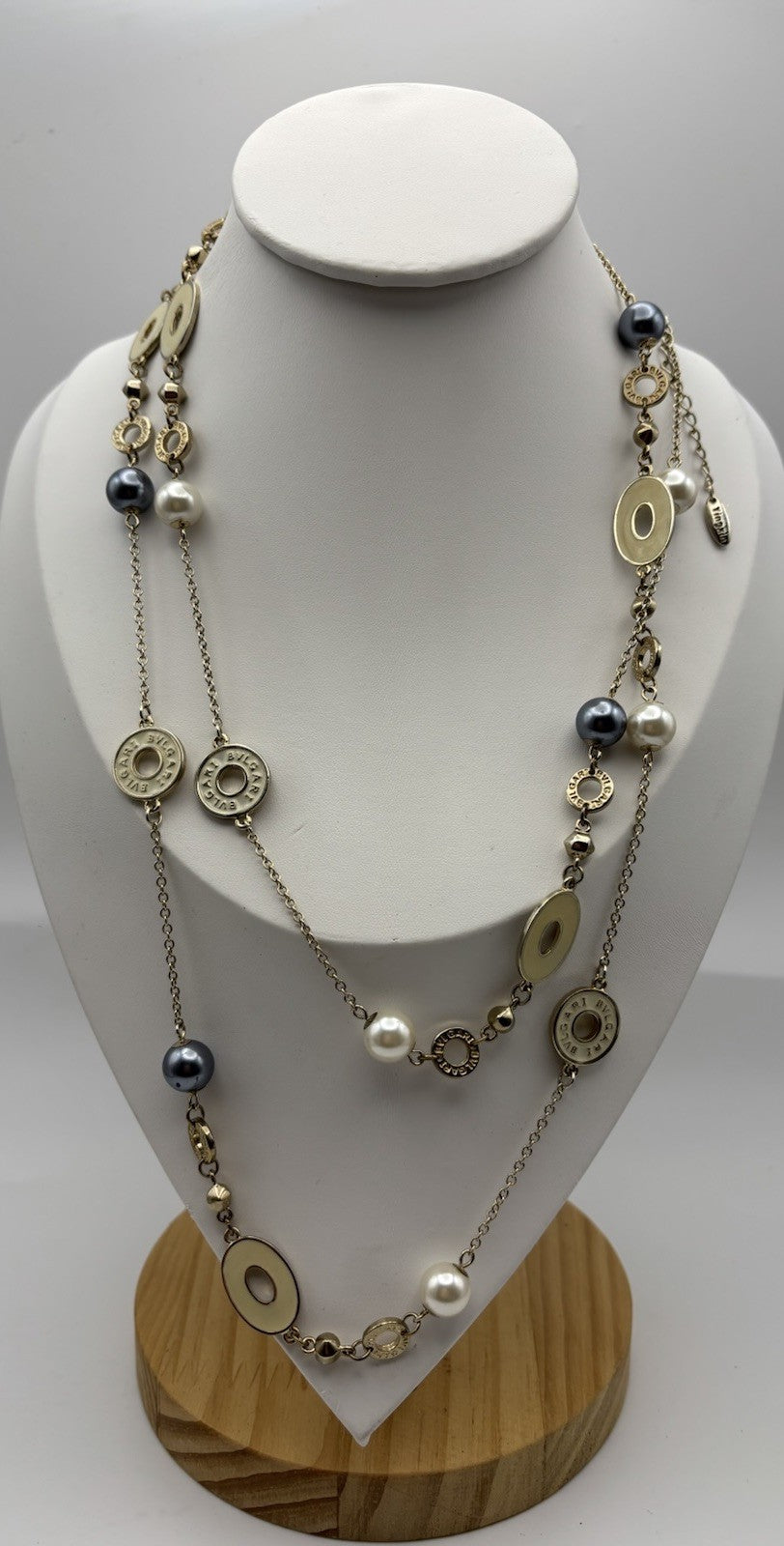 Long Station Necklace 120cm Gold Tone Enamel Disc Pearl Beads Adjustable