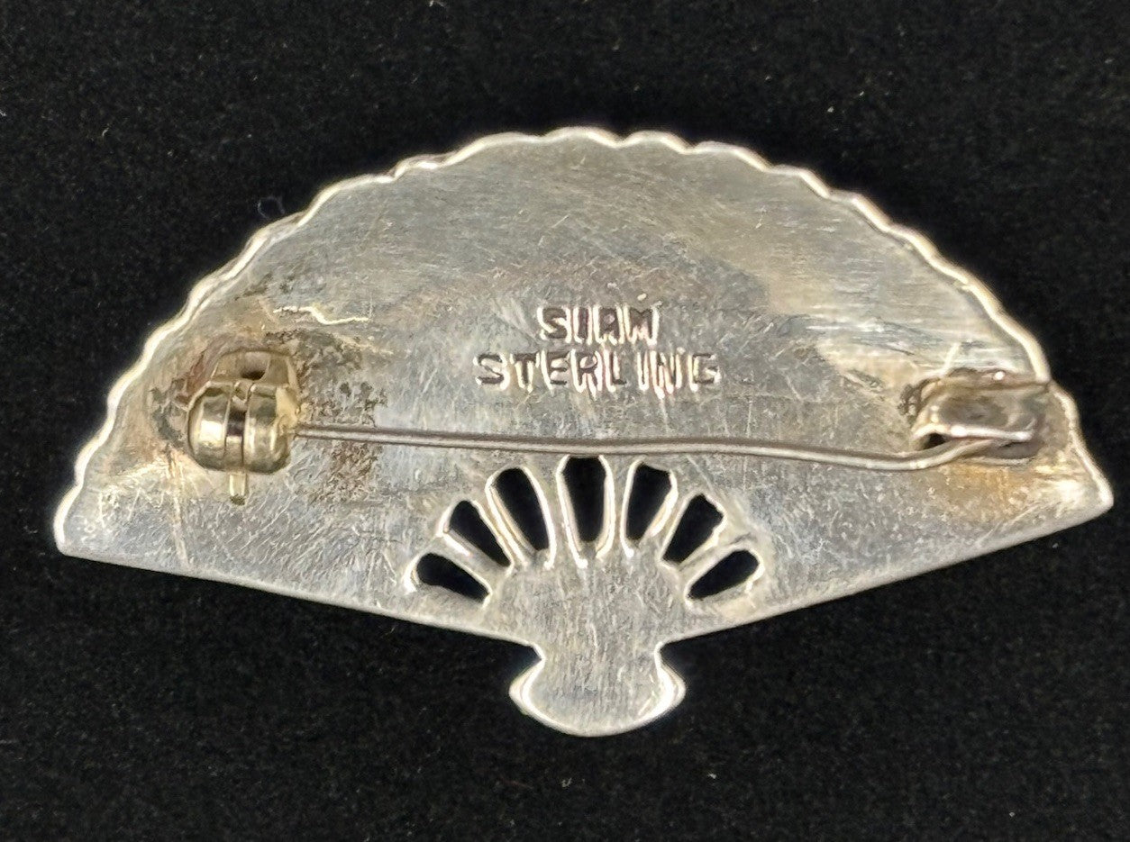 Vintage Siam Sterling Silver Fan Brooch Thai Dancer Motif 1940s -1950s
