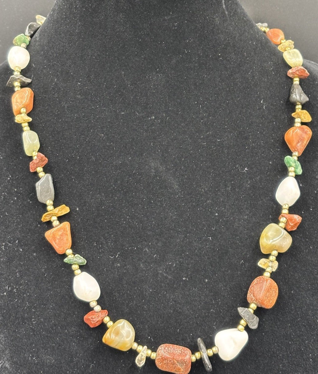Vintage Gemstone Nugget Bead Necklace Quartz Jasper Agate Aventurine 70s Boho
