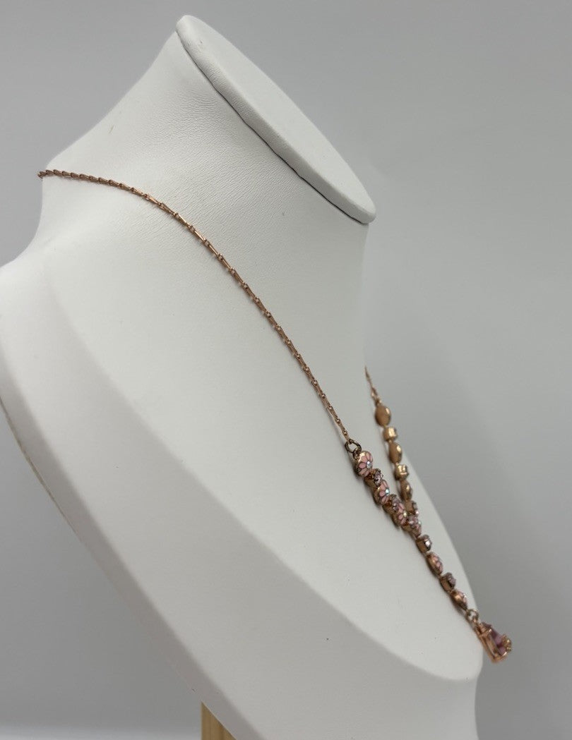 Avon Pink Enamel Daisy Y Drop Necklace Rose Gold Tone Rhinestone Vintage Signed