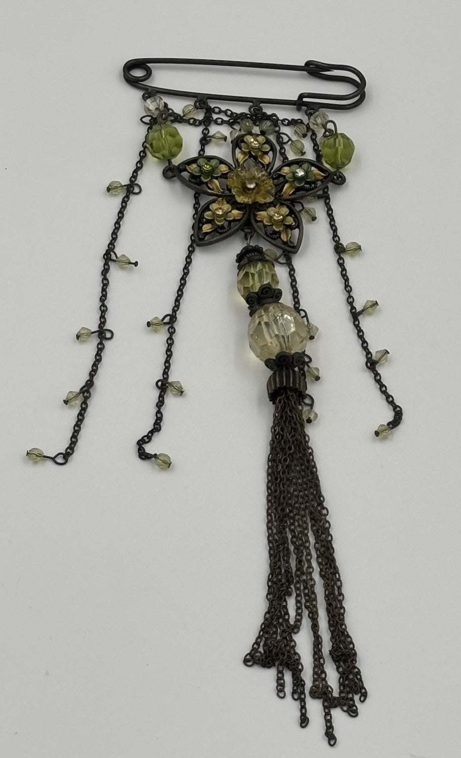 Vintage Style Art Nouveau Floral Dangle Brooch Enamel Glass Beads Statement Pin