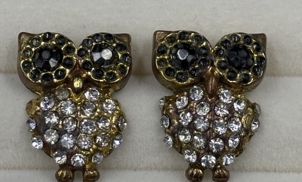 Vintage Owl Stud Earrings Rhinestone Studs Gold Tone