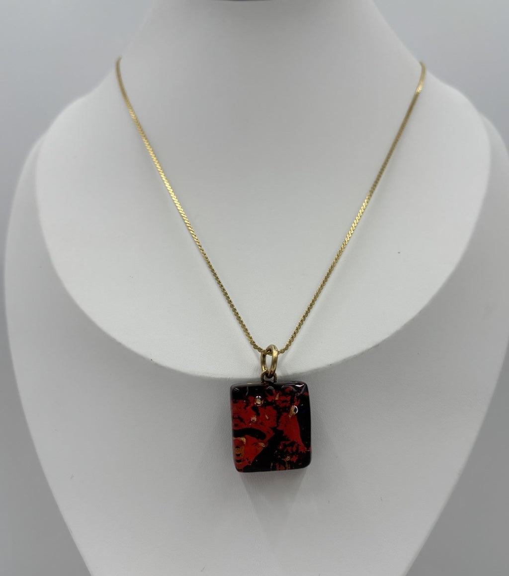 Vintage Murano Style Red Black Art Glass Pendant Necklace Gold Tone Chain