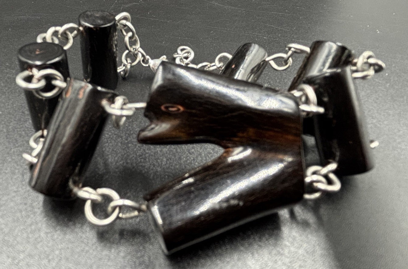 Rare Vintage Natural Black Coral Branch Bracelet Silver Tone Chain Statement