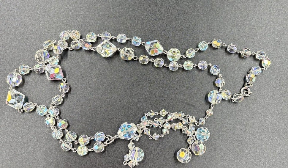 Vintage 1950s Aurora Borealis Crystal Necklace & Earrings Set Tassel Drop