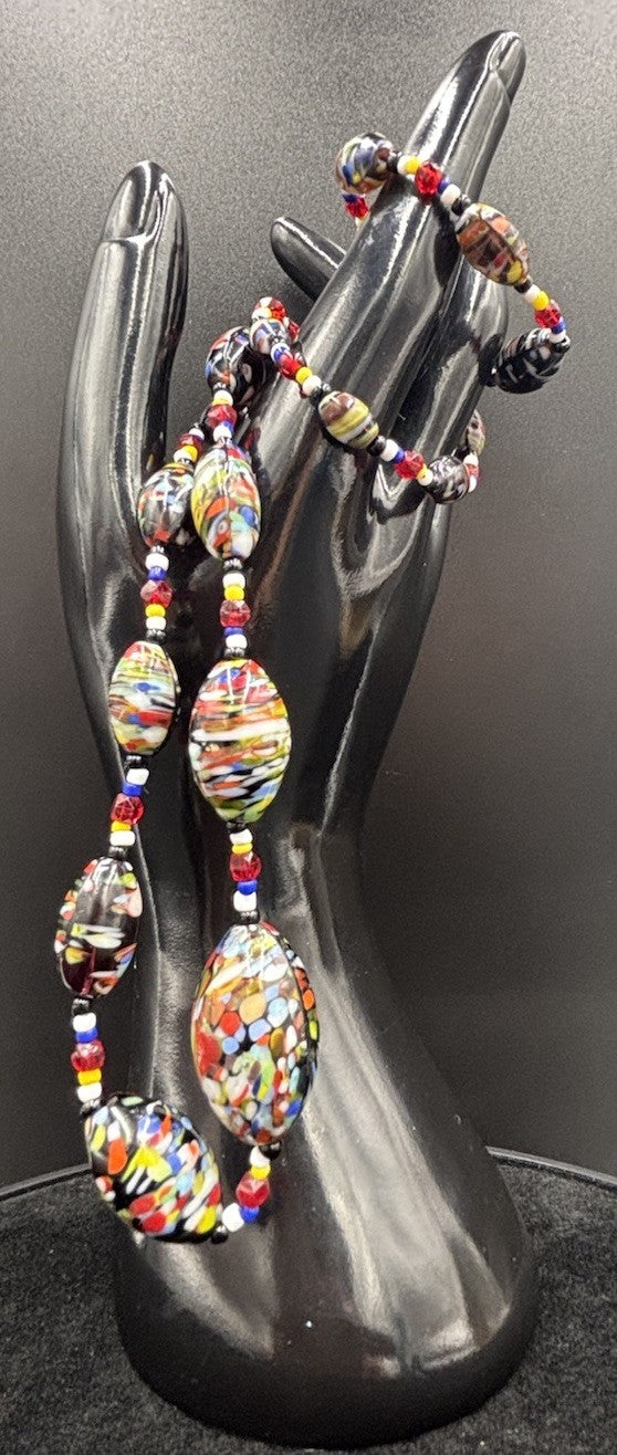 Vintage Murano Millefiori Glass Bead Necklace Black Base, Multicolour Confetti