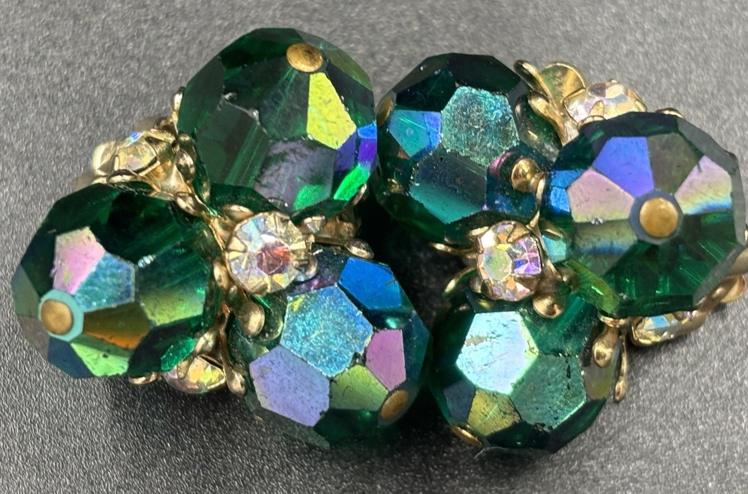 Vintage Vogue Karu Arke Emerald Green AB Crystal Cluster Clip-On Earrings Signed