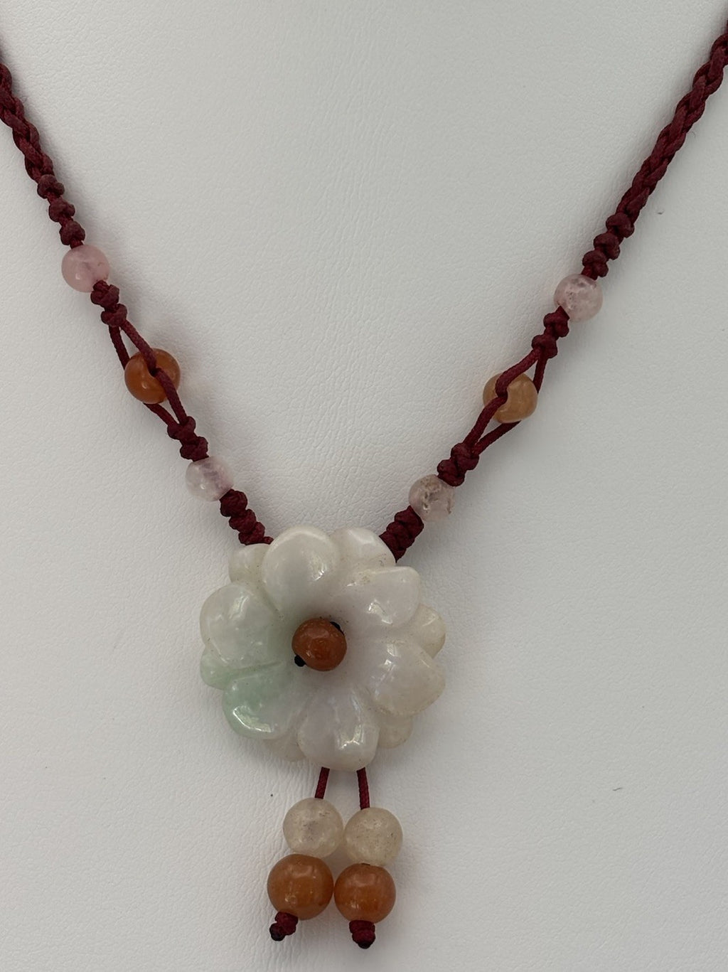 Genuine Jadeite Carved Flower Pendant Necklace Red Cord Beads