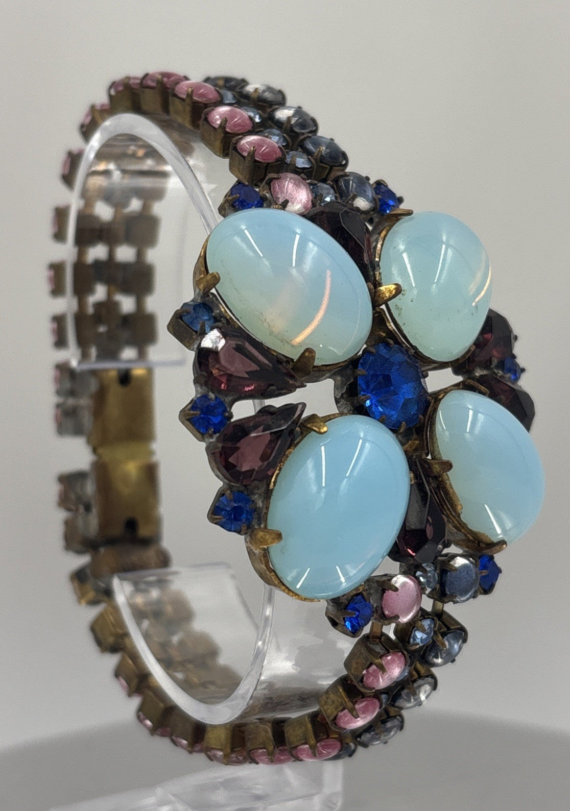 Husár D Vintage Opal Glass Rhinestone Bracelet Floral Czech Designer Jewelry