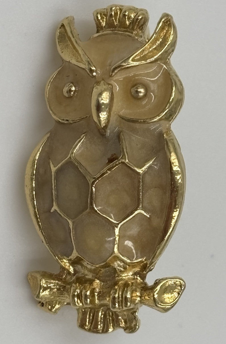 Vintage Hollywood Owl Brooch Gold Tone Figural Enamel Mid Century Jewelry