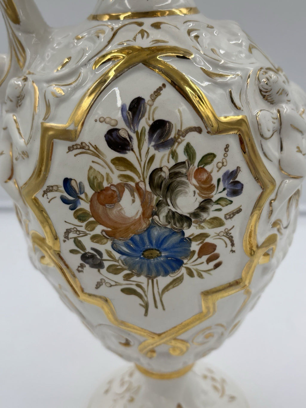 Vintage Capodimonte Italian Porcelain Cherub Ewer Vase Hand Painted Gold Gilt