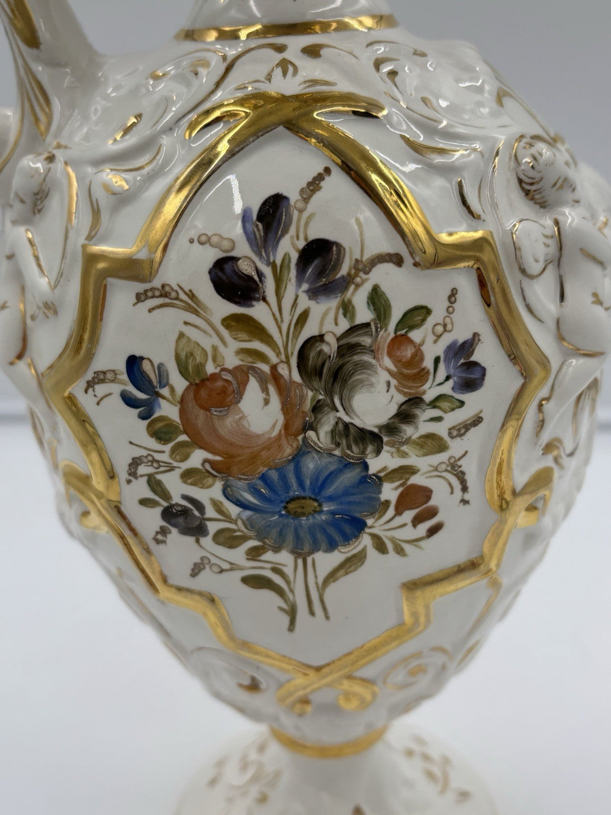 Vintage Capodimonte Italian Porcelain Cherub Ewer Vase Hand Painted Gold Gilt