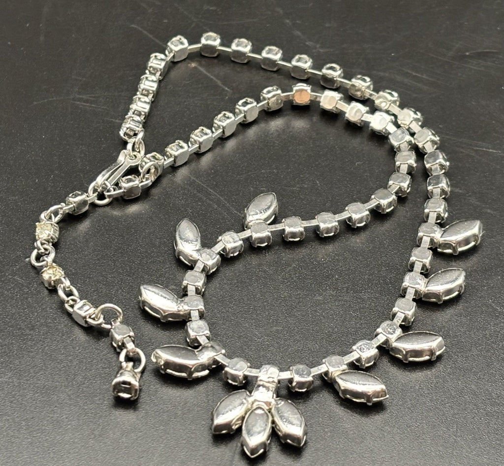 Vintage Rhinestone Necklace Silver Tone Marquise Drop Elegant Mid Century