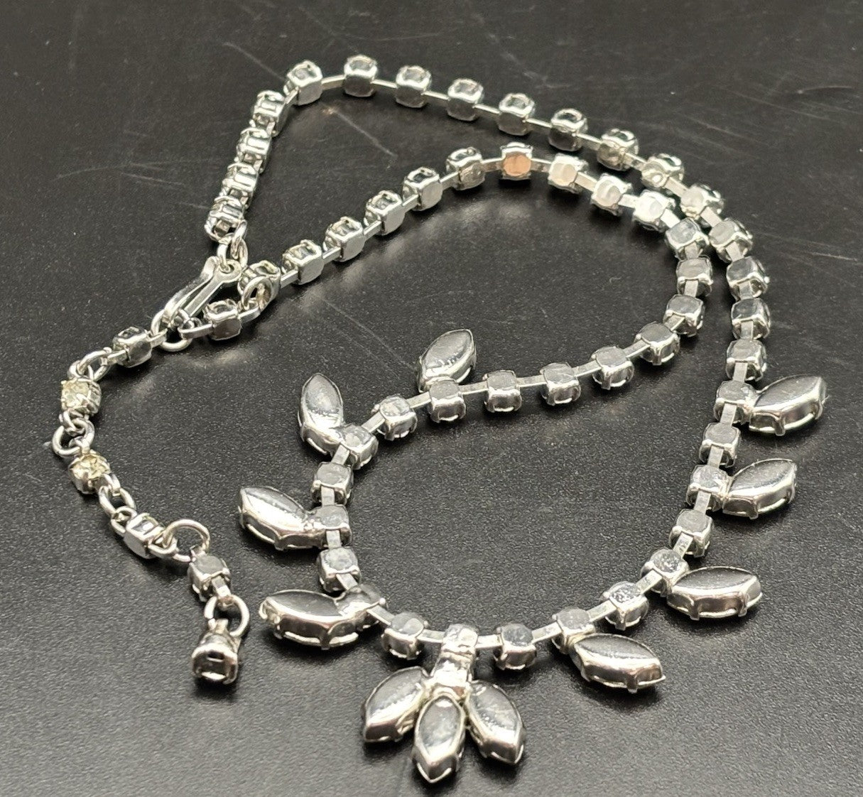 Vintage Rhinestone Necklace Silver Tone Marquise Drop Elegant Mid Century
