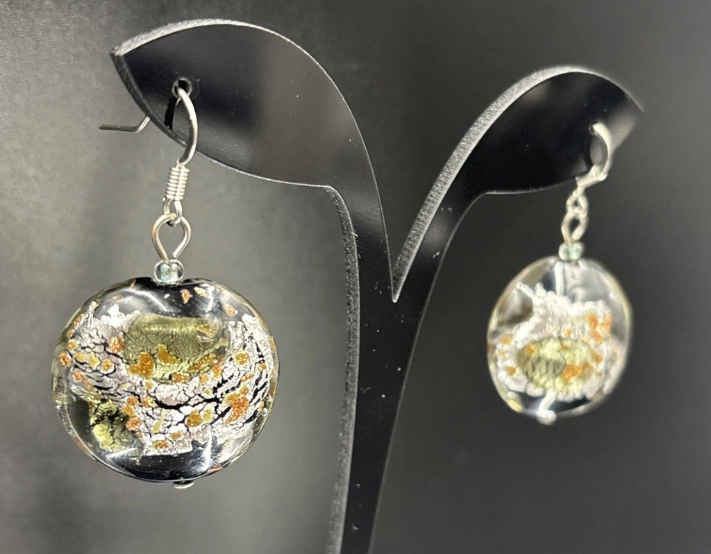 Vintage Murano Style Glass Earrings – Foil Art Glass Dangle Disc Beads”