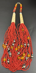 Rare Antique Berber Necklace Carved Bovine Bone Red Beads Tribal Millefiori
