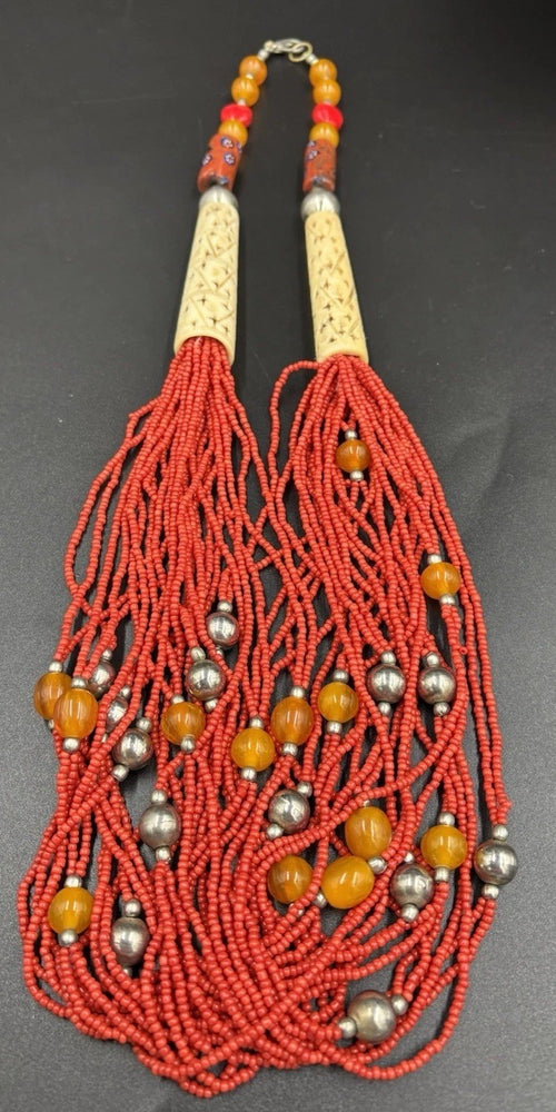 Rare antique Berber necklace carved bovine bone red beads tribal millefiori North African