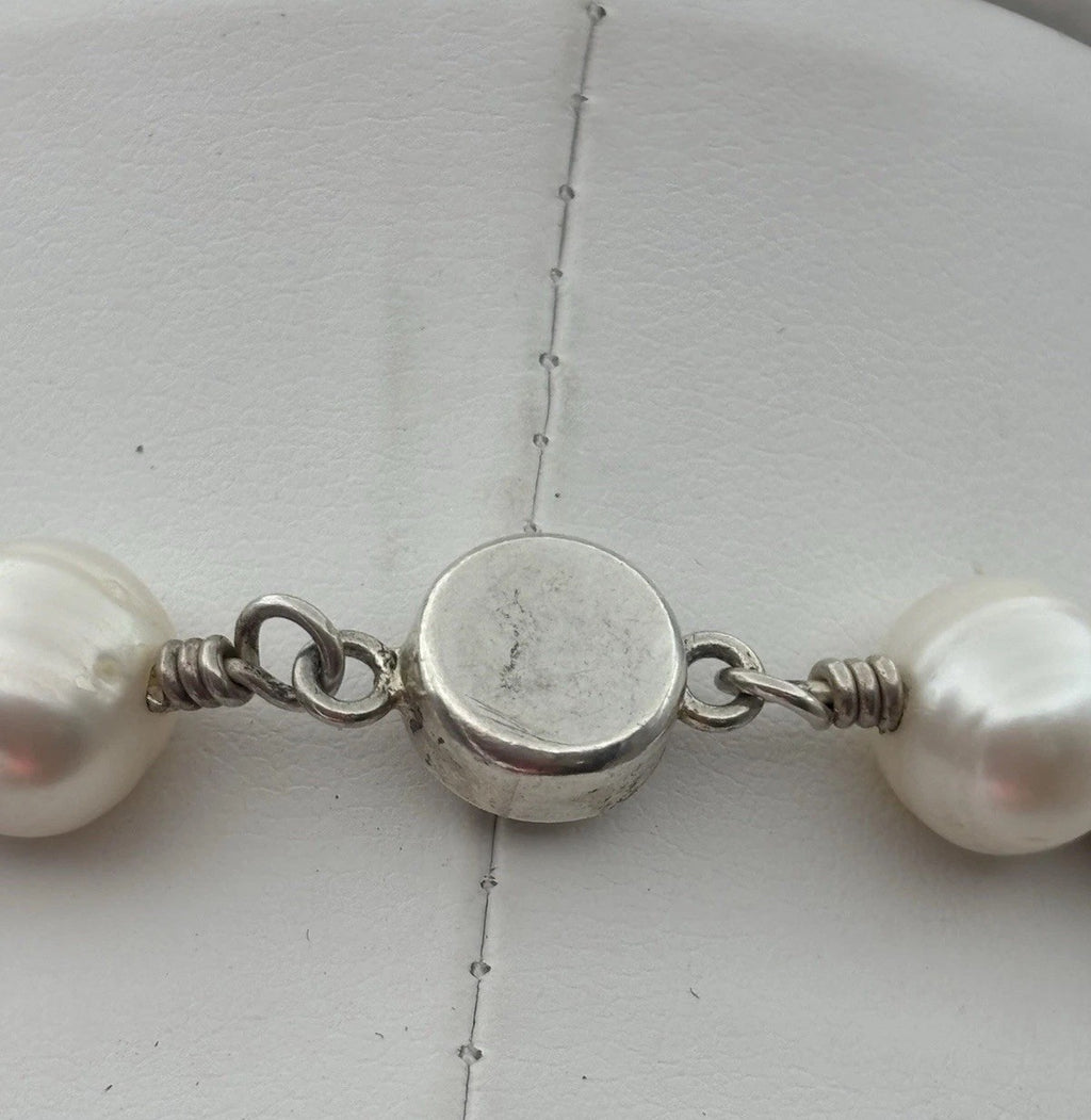 Vintage 925 Sterling Silver 10mm Freshwater Pearl Station Necklace 88cm