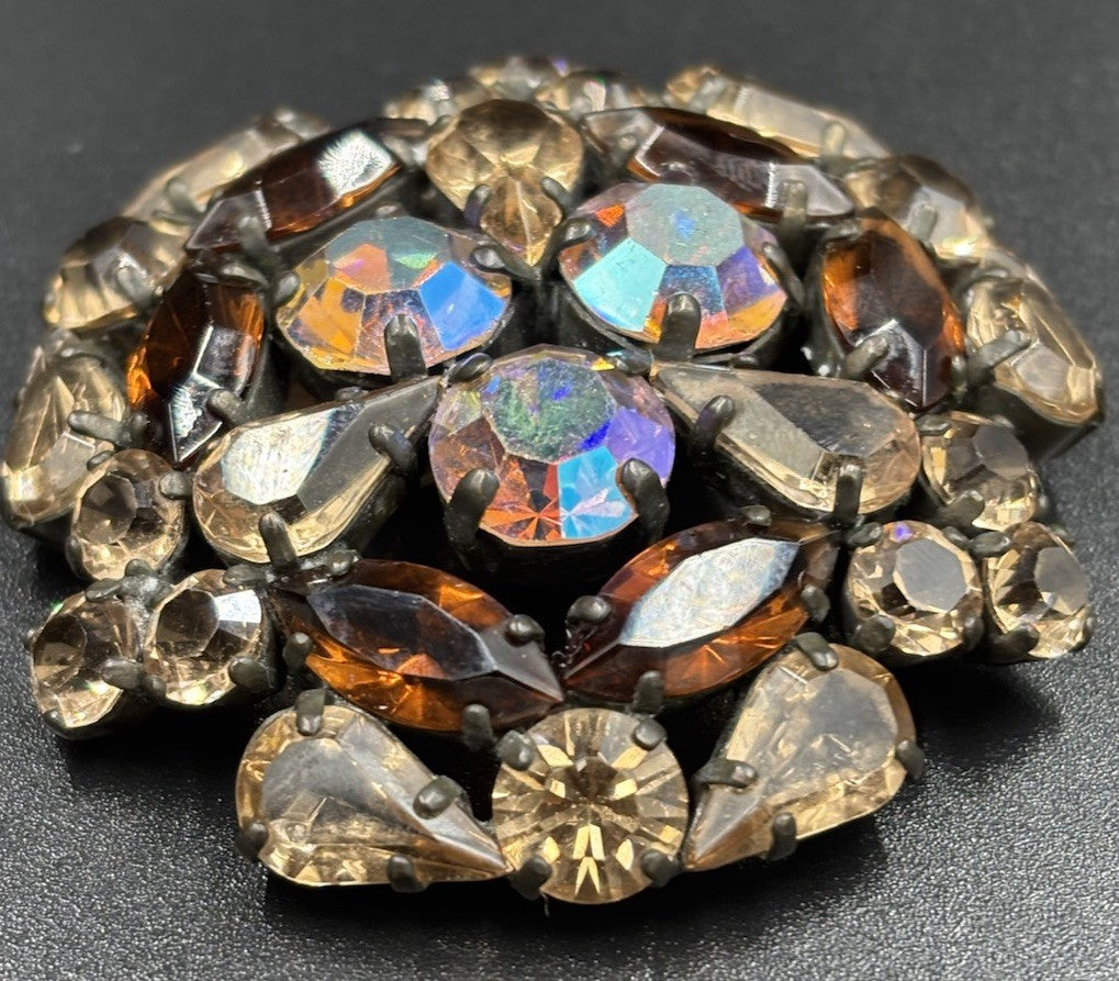 Vintage 1950s AB Rhinestone Brooch Smoky Topaz Brown Glass Pin