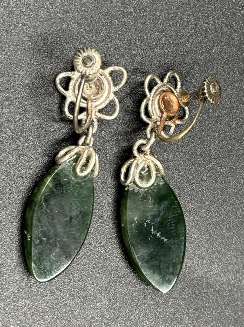 Vintage Silver Nephrite Jade Earrings Screw Back Floral Drop Jewelry 1950s